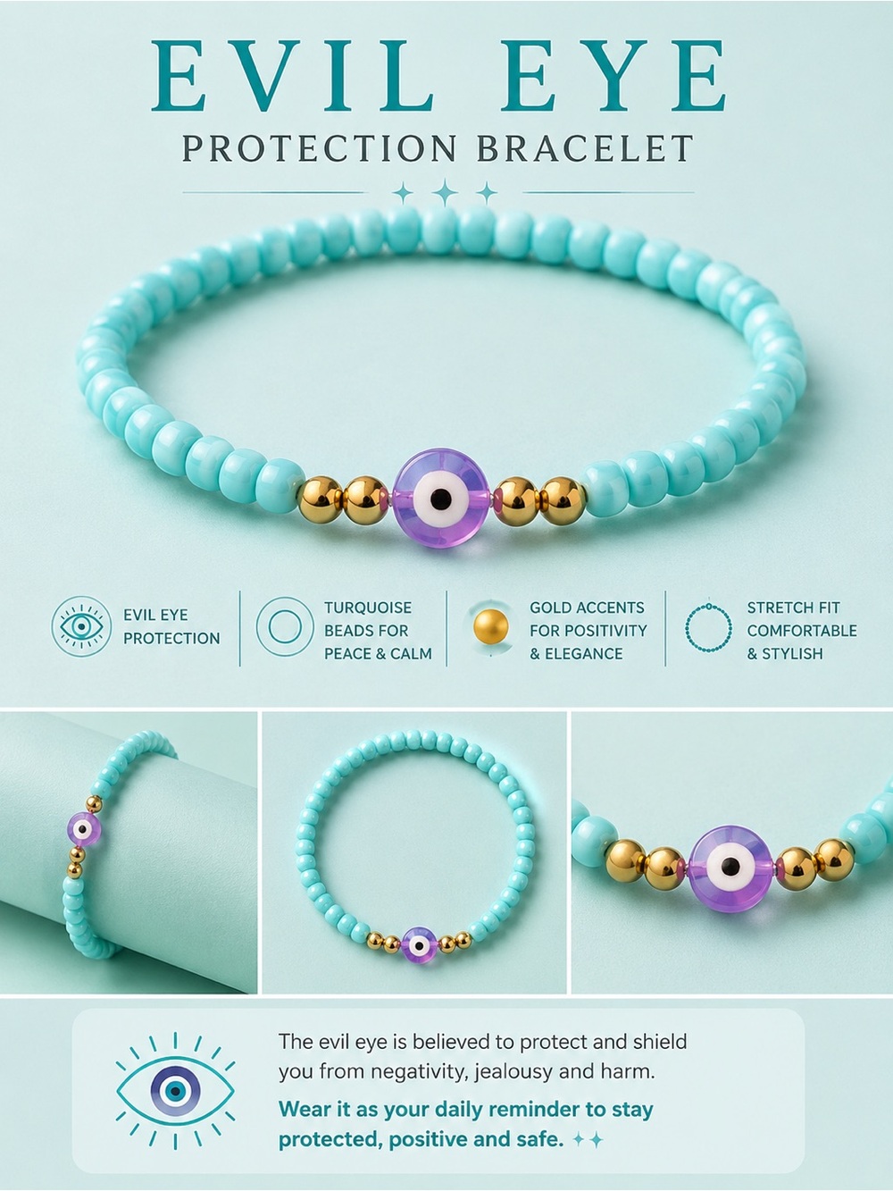 Turquoise Evil Eye Beaded Bracelet with Gold Accents #33